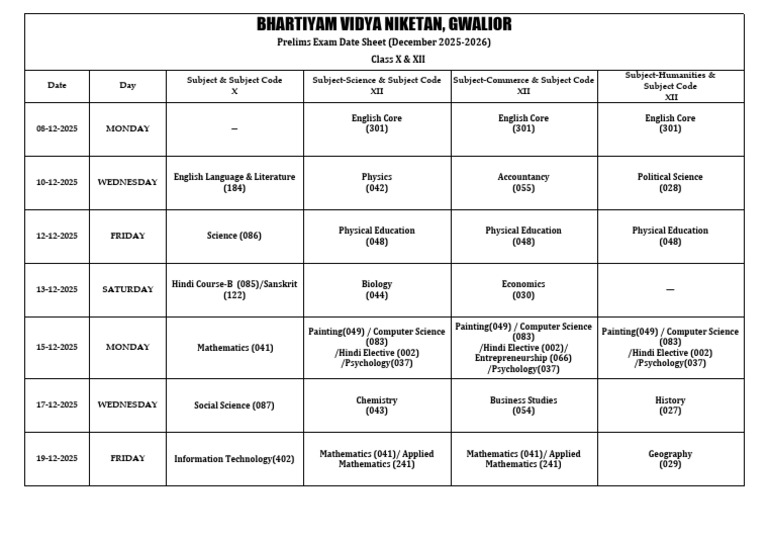 December 2025 Prelims Exam Schedule | PDF | Science
