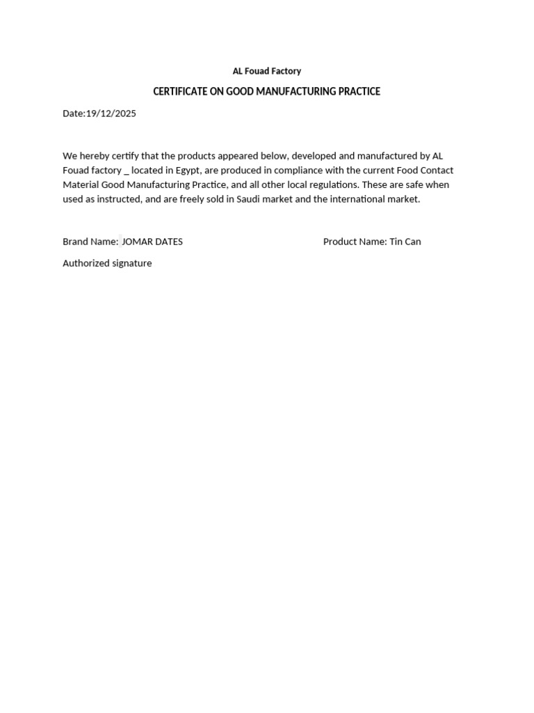 GMP Declaration of Manufacturer | PDF