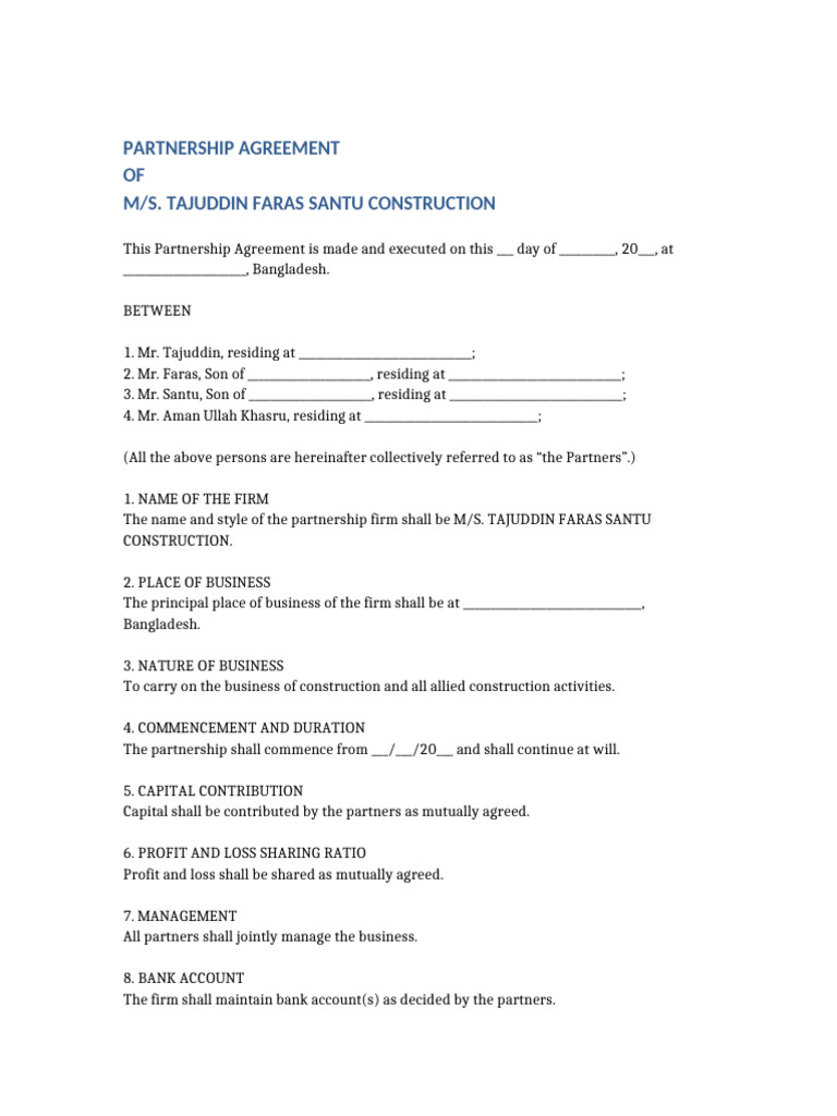 Partnership Agreement Tajuddin Faras Santu Construction | PDF