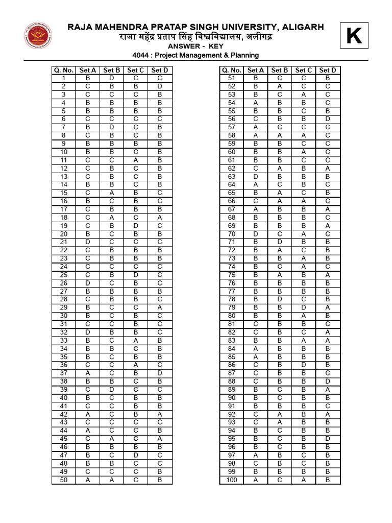 Project Management Exam Answer Key | PDF