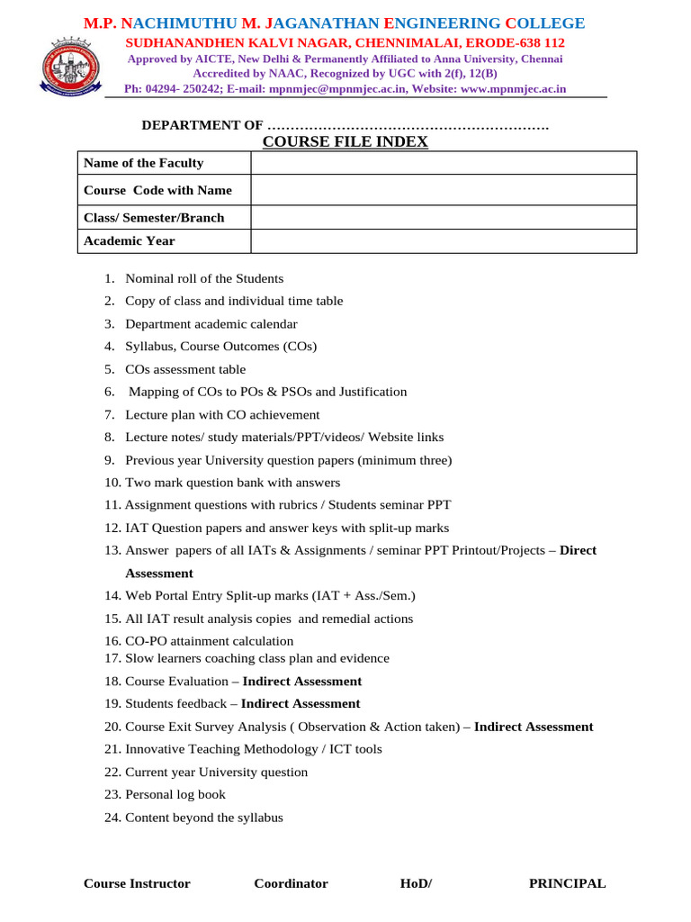 Course File Index for Engineering Program | PDF