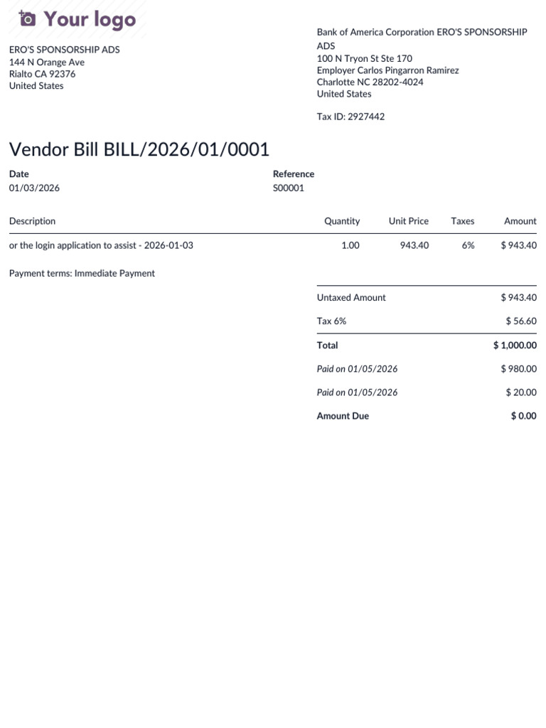 Vendor Bill Summary for ERO's Sponsorship | PDF