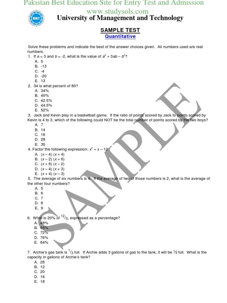 UMT Entry Test Sample Papers Download New PDF