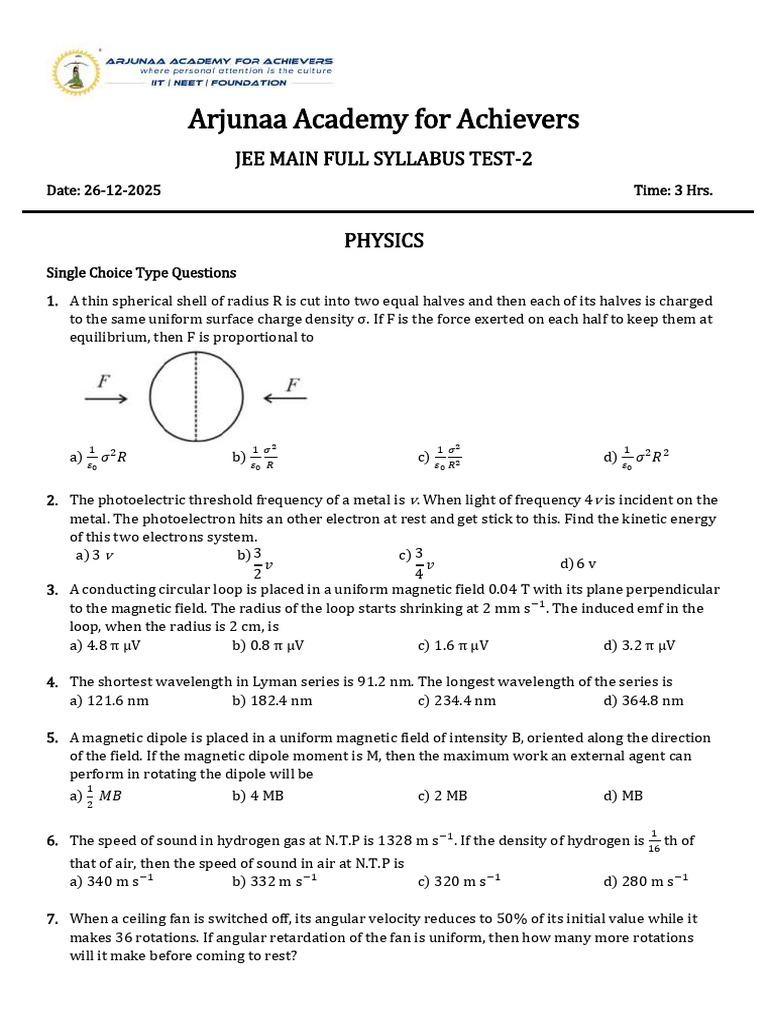 JEE Main Physics Full Syllabus Test 2 | PDF | Photoelectric Effect ...