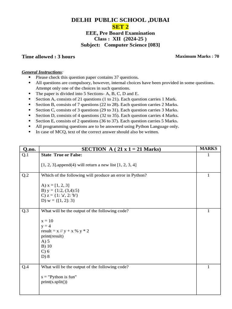 Class XII Computer Science Pre Board Exam | PDF | Computer Network ...