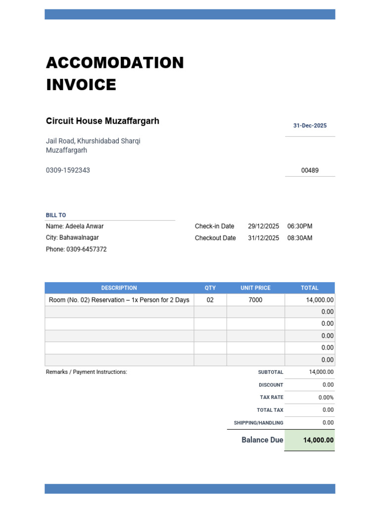 Accommodation Invoice for Circuit House | PDF