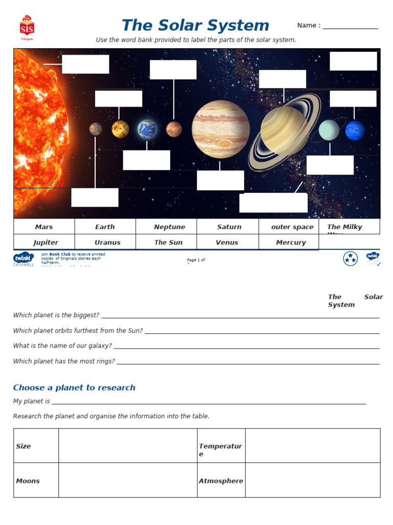 Solar System Activity Worksheet | PDF