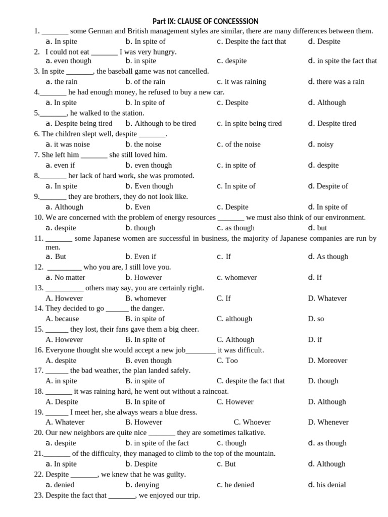 English Grammar: Concession Clauses Quiz | PDF