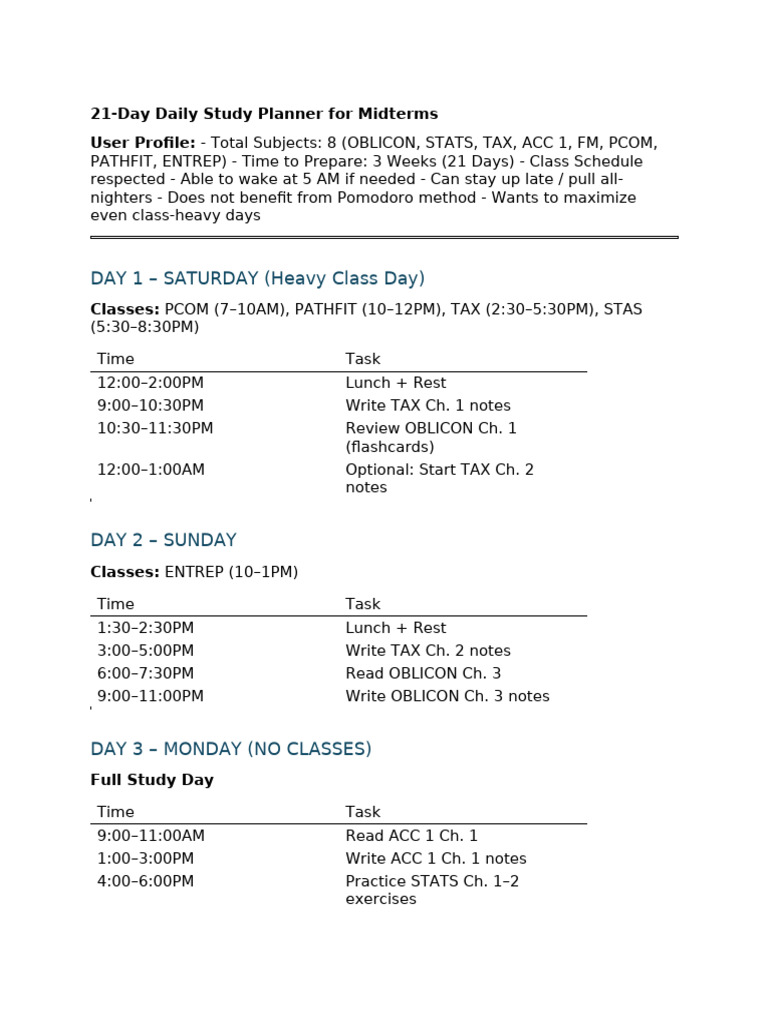 21-Day Midterm Study Planner | PDF