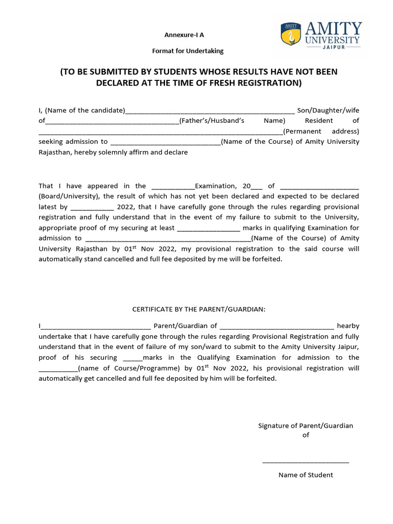 Undertaking Format for Provisional Admission | PDF