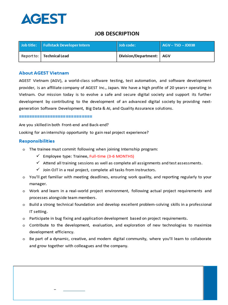 AGV - TSD - JD038 - Fullstack Developer Intern | PDF | Software ...