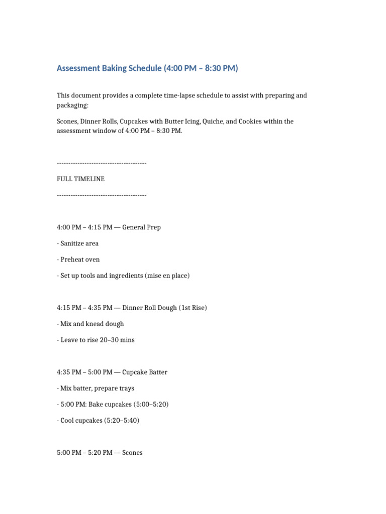 Baking Schedule for Assessment Prep | PDF