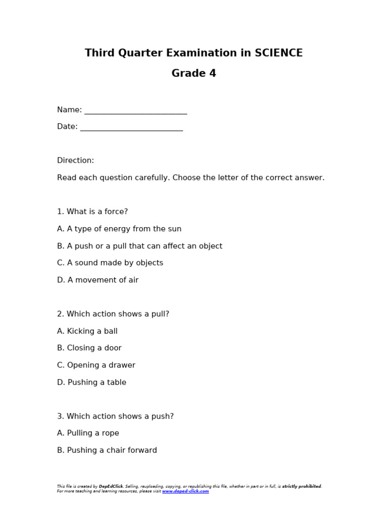 Grade 4 Science Exam: Forces & Motion | PDF | Sound | Magnet