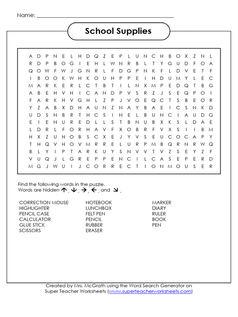 School Supplies Word Search Puzzle | PDF | Conservation And Restoration ...