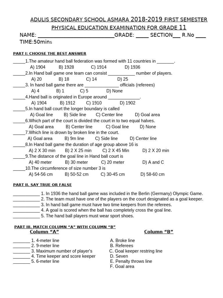 Grade 11 Physical Education Exam | PDF | Sports | Team Sports