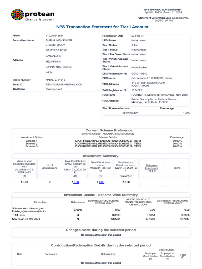 NPS Transaction Statement 2023-2024 | PDF | Financial Services | Investing