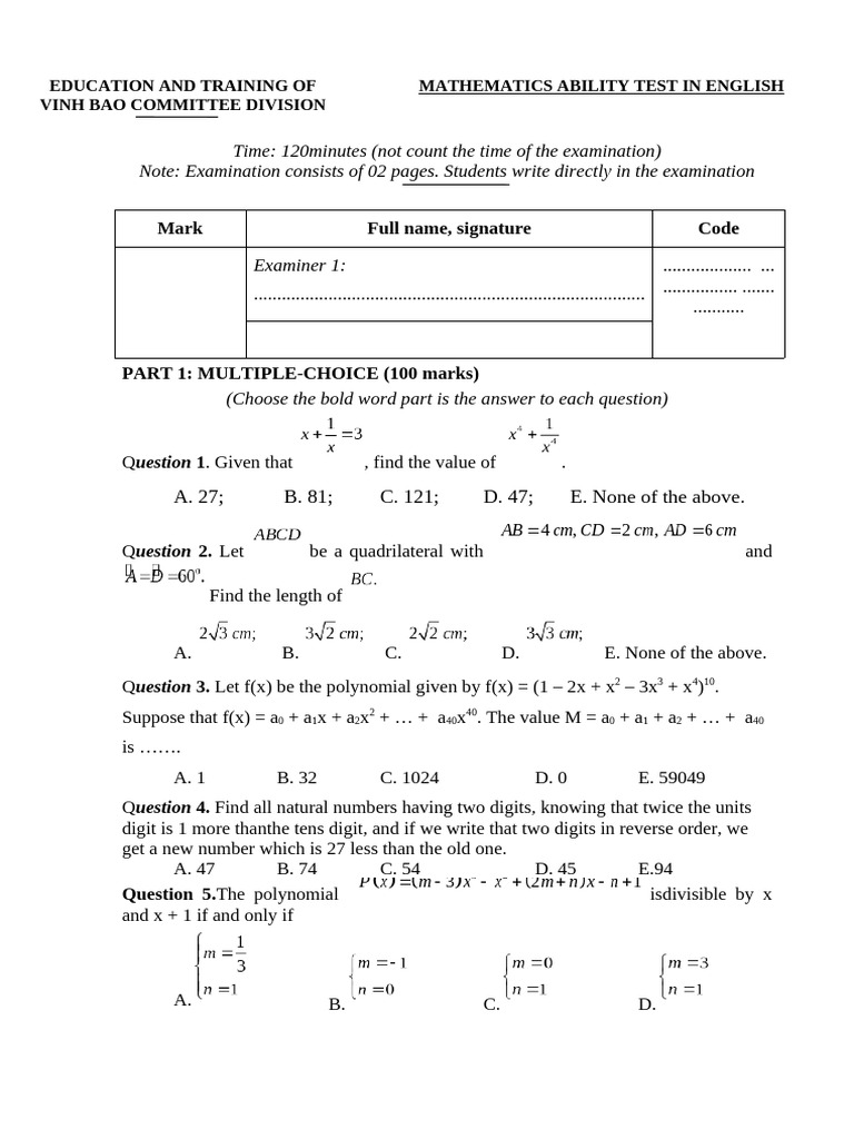 Vinh Bao Mathematics Ability Test | PDF | Euclidean Geometry | Mathematics