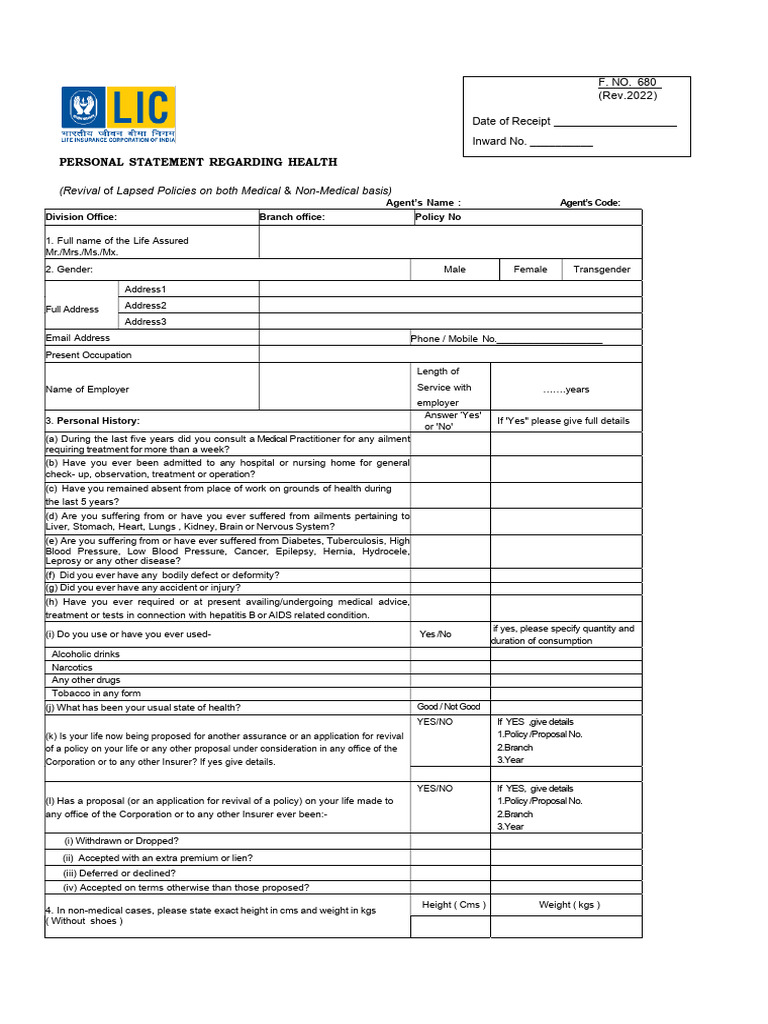 Revival Form No 680 | PDF | Insurance | Medical Specialties