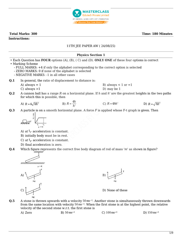 JEE Physics Exam Paper 2025 | PDF | Velocity | Projectiles