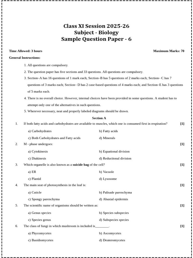 Class XI Biology Sample Question Paper | PDF | Muscle Contraction | Actin
