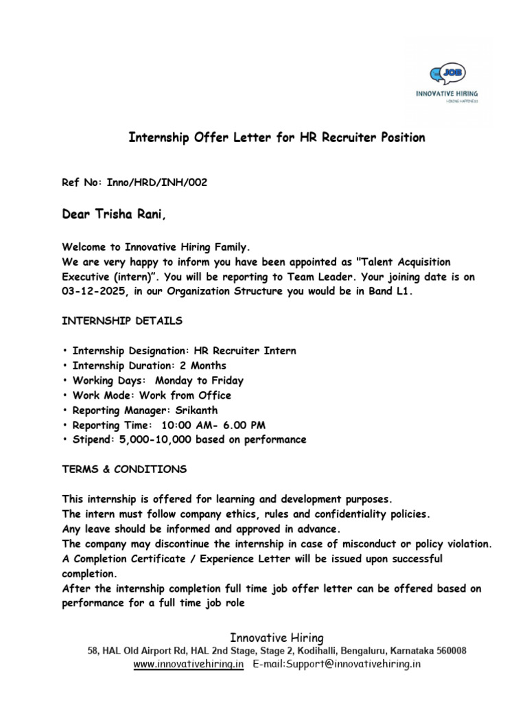 Trisha Rani - Internship Offer Letter | PDF