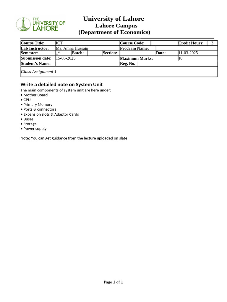 System Unit Components Assignment Guide | PDF