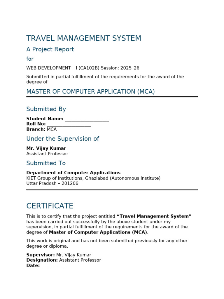 Travel Management System Project Report | PDF | Web Development | Databases