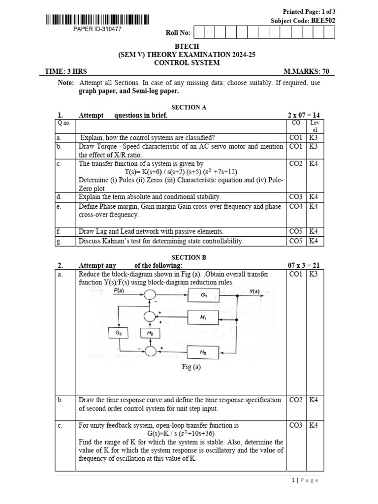 BTECH Control Systems Exam Paper 2024-25 | PDF | Mechanics | Electronics