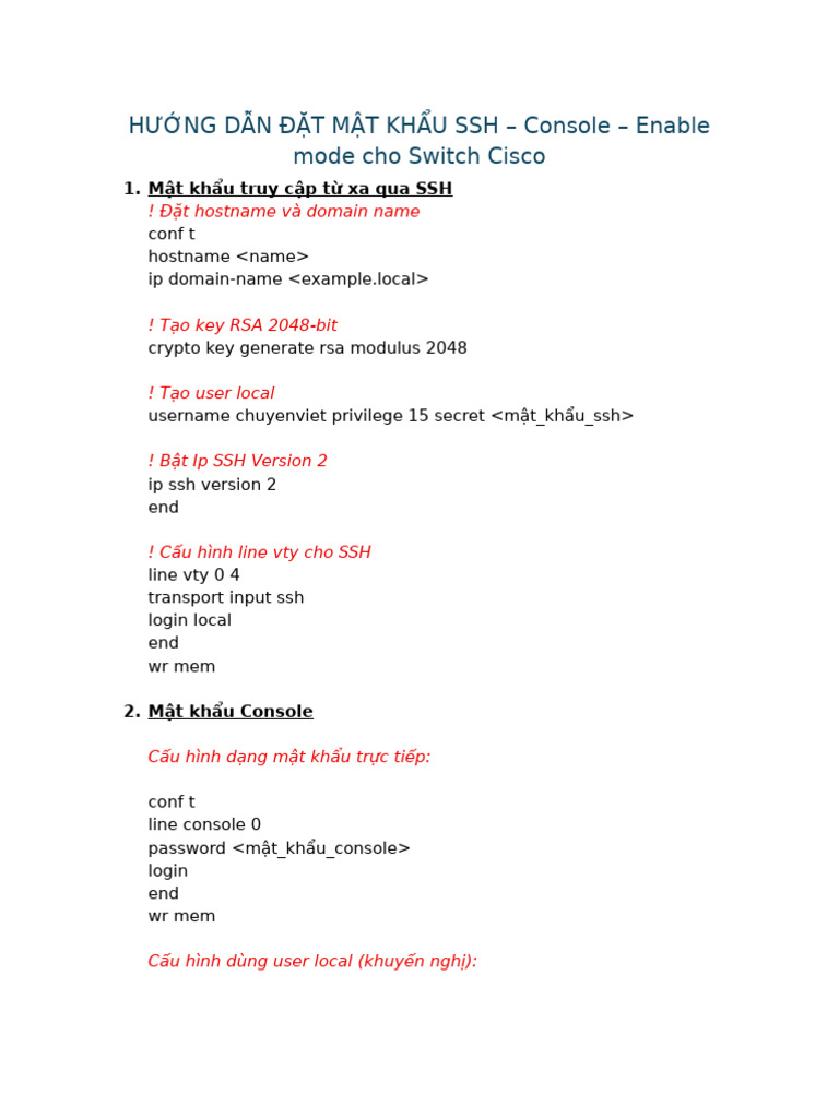 Hướng Dẫn Đặt Mật Khẩu SSH-Console-Enable Mode Cho Switch Cisco | PDF