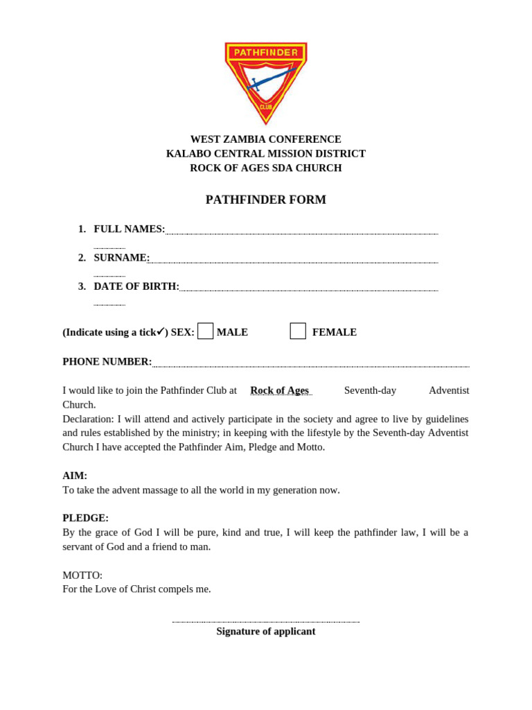 Pathfinder Club Registration Form | PDF