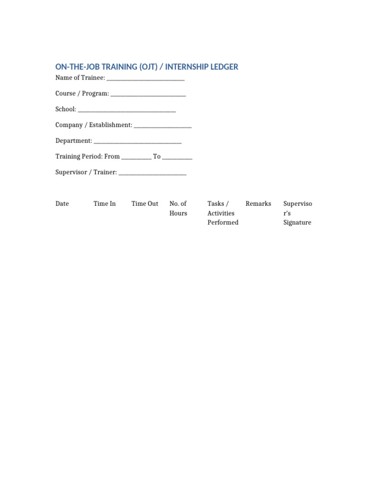 OJT Internship Training Ledger Template | PDF