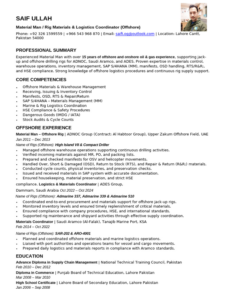 Saif Ullah Material Man Offshore CV | PDF | Warehouse