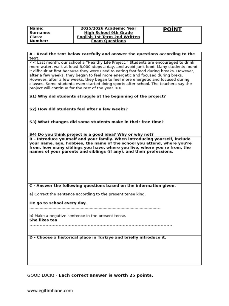 9th Grade English Exam Questions 2025 | PDF