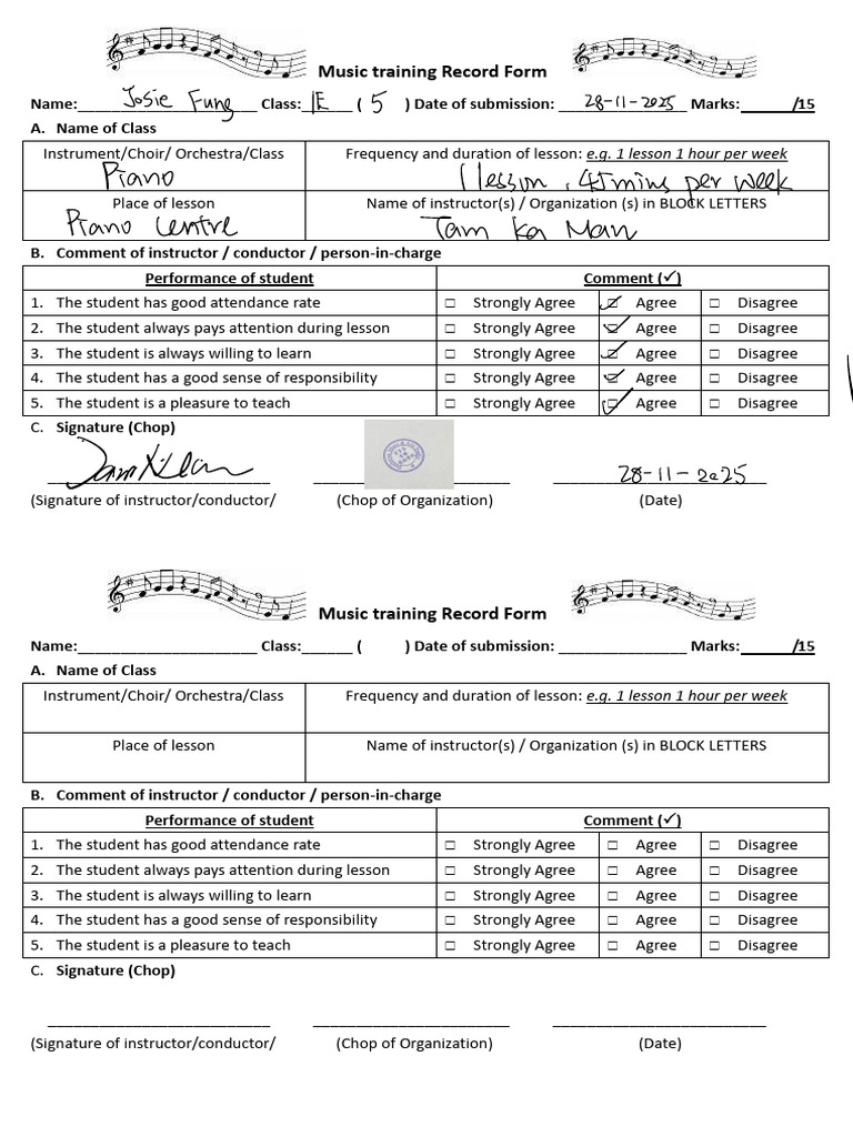 Music Training Record Form Template | PDF | Conducting | Chess Theory