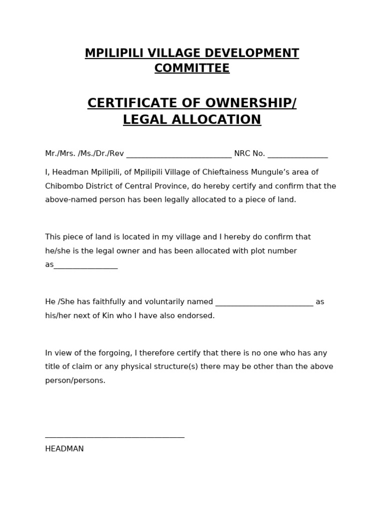 Mpilipili Village Land Ownership Certificate | PDF