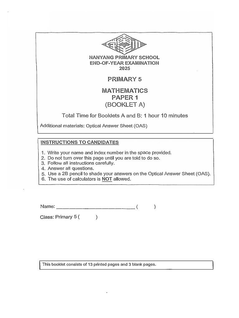 Nany Ang Primary School P5 Math Exam 2025 | PDF