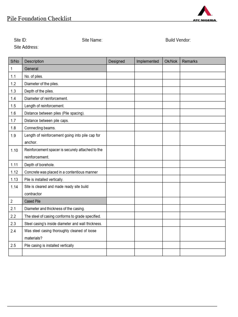 Pile Foundation Inspection Checklist | PDF
