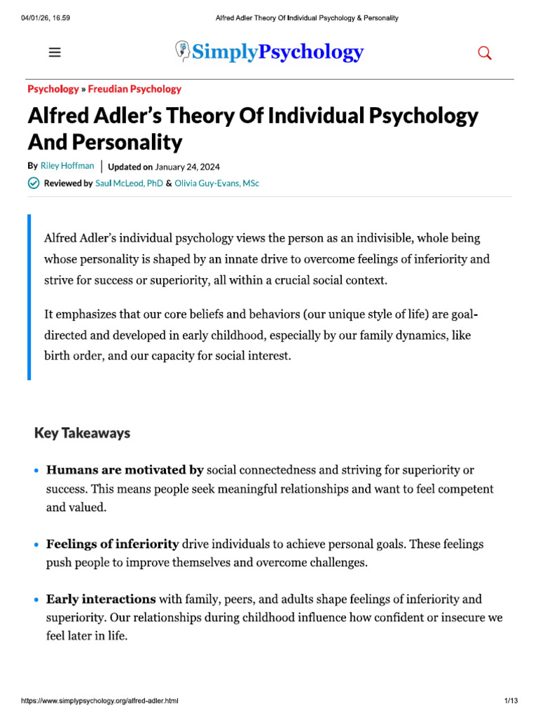 Alfred Adler's Theory of Individual Psychology and Personality | PDF