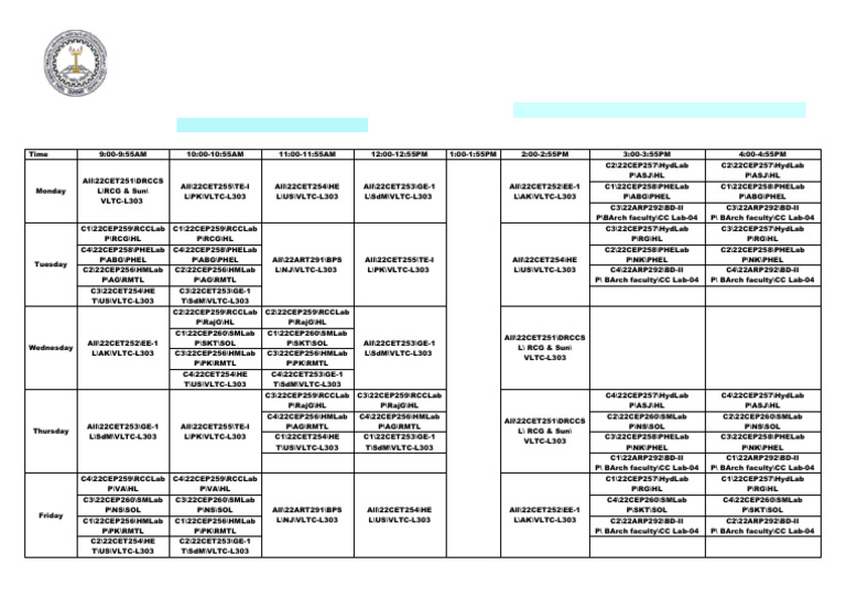 Civil Engineering B.Tech Timetable 2025-26 | PDF