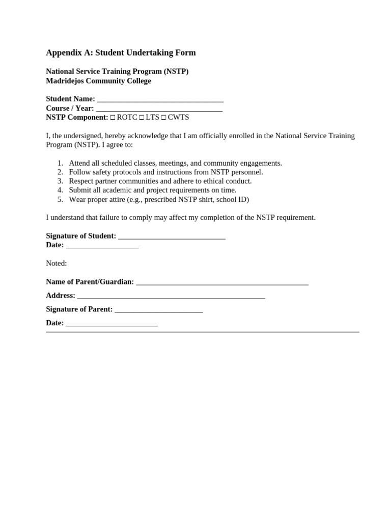 NSTP Student Undertaking Form | PDF