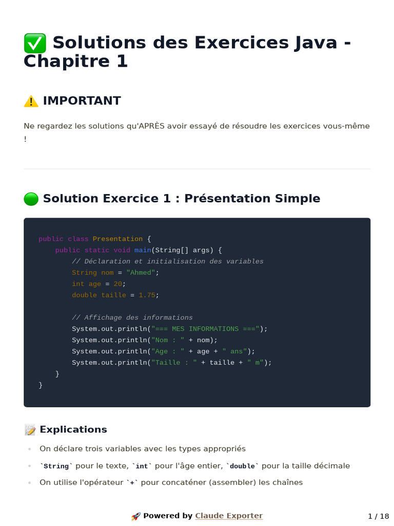 Solutions Exercices Java - Chapitre 1 | PDF | Java (Langage de ...