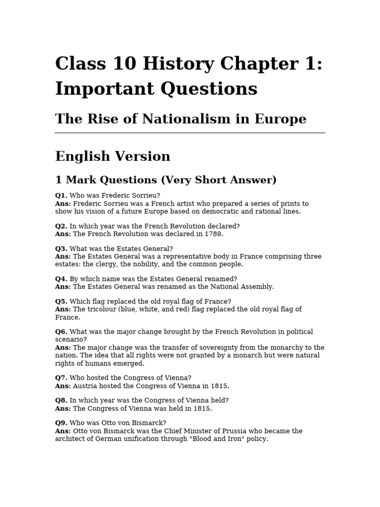 Class 10 History Ch 1 Important Questions | PDF | German Empire | Otto ...