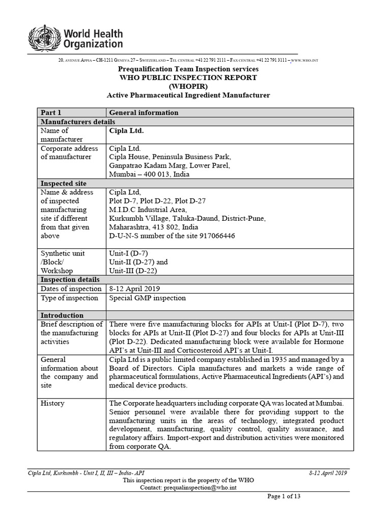 WHO Public Inspection Report On Cipla LTD (4-2019) | PDF | Verification ...