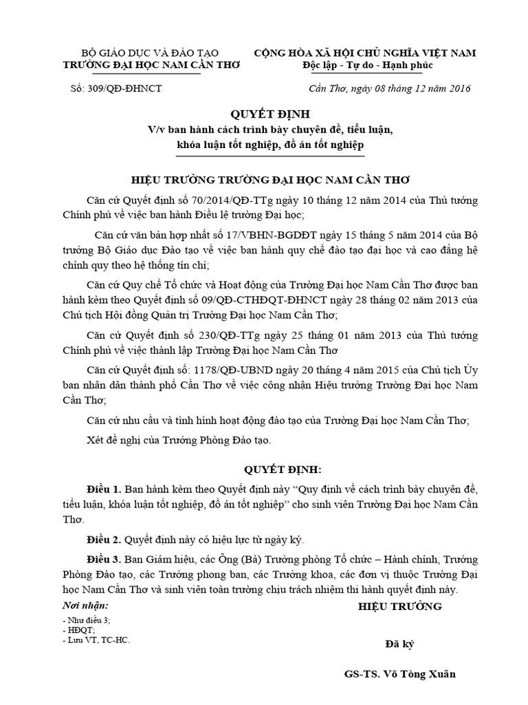 309 QĐ NCT Qui Dinh Trinh Bay Luan Van (DNC) | PDF