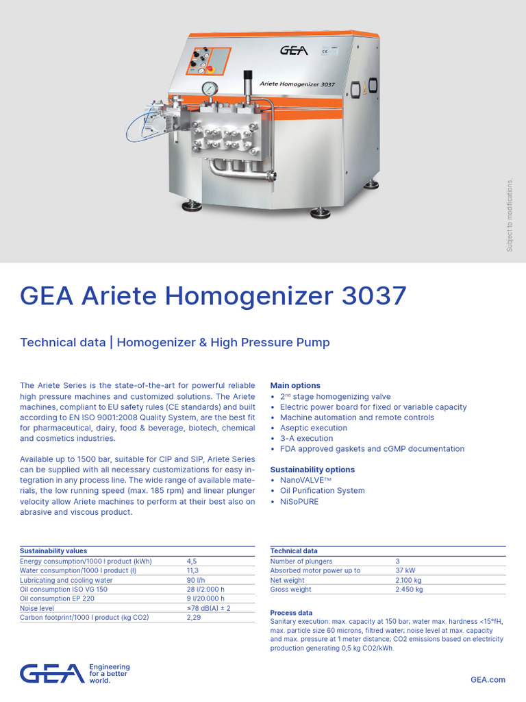 GEA Ariete 3037 Homogenizer Specs | PDF