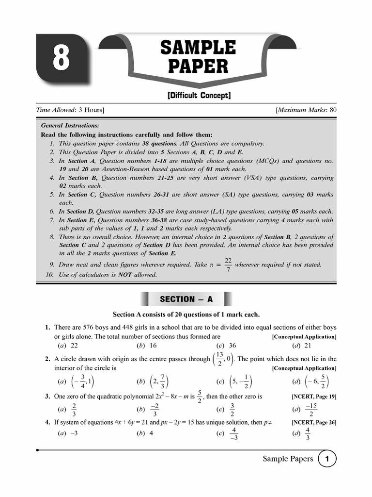 Cbse Cl10 Ead Mathematics 2026 Edition Difficult Paper 8 | PDF