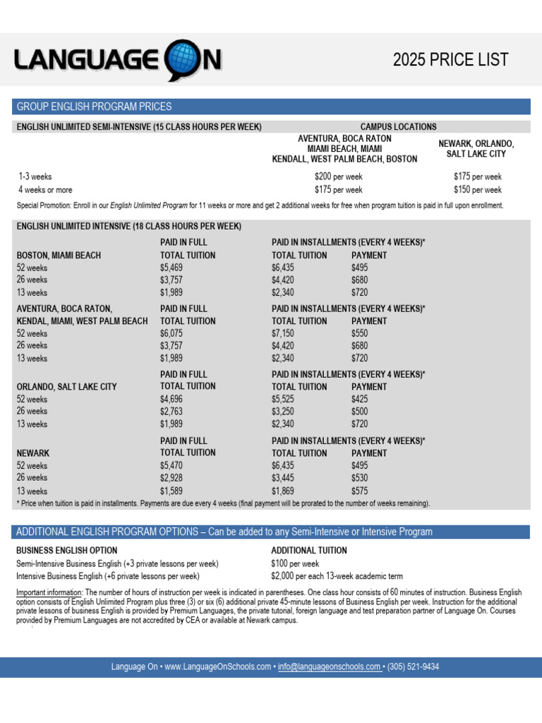 2025 Language On English Program Prices | PDF