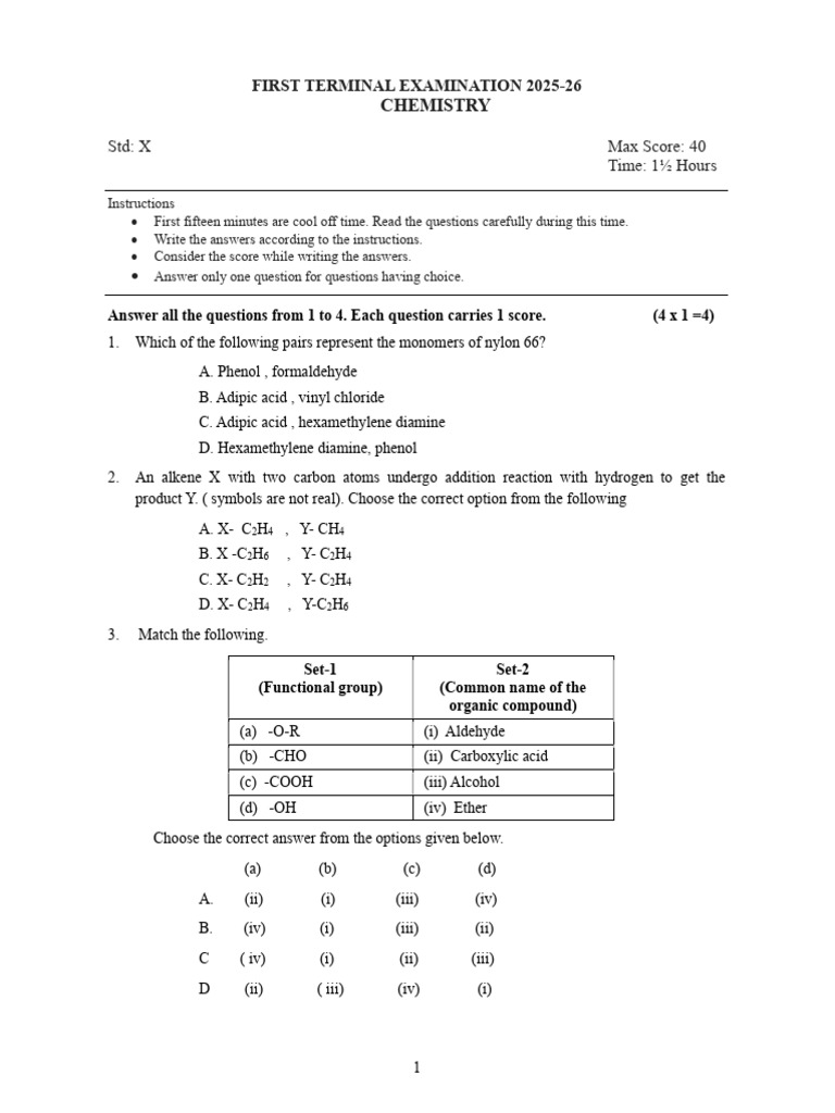 Chemistry Terminal Exam 2025-26 | PDF | Isomer | Electron Configuration