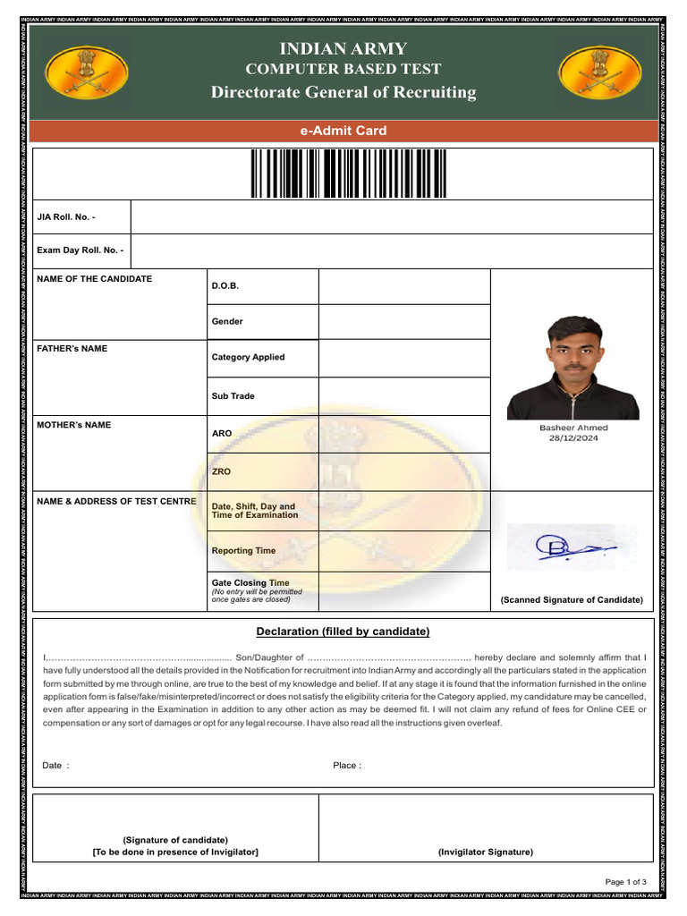 Indian Army E-Admit Card Instructions | PDF | Identity Document | Password