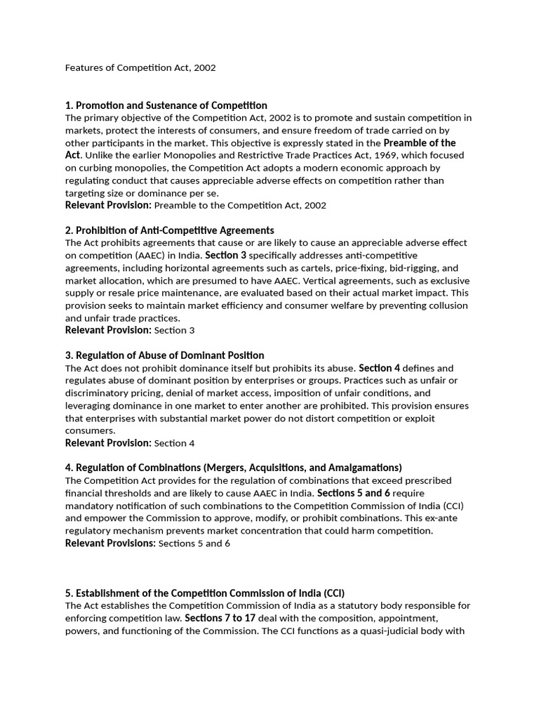 Key Features of Competition Act 2002 | PDF | Monopoly | Imperfect ...